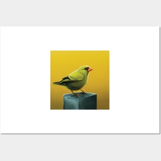 Greenfinch on a post on a striking yellow background Posters and Art